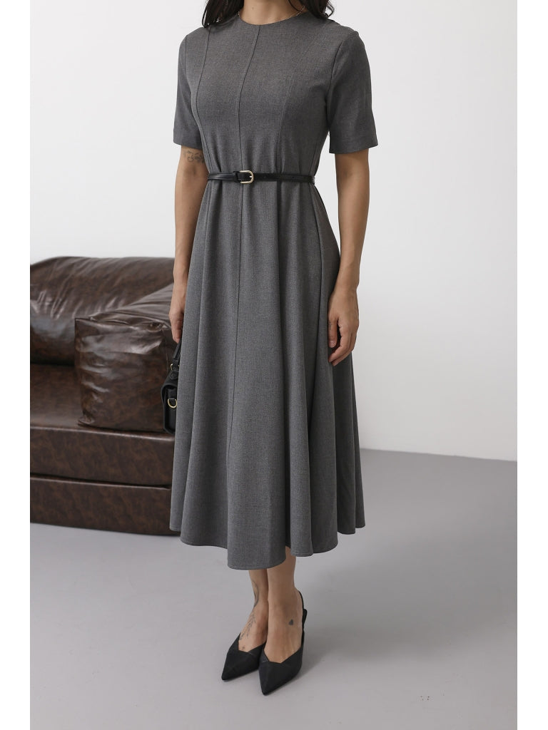 Gri Kısa Kollu Kemerli Maxi Elbise 261013-Gri