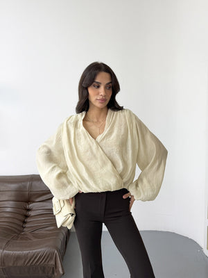 Taş Kruvaze Vatkalı Tencel Bluz 5048-TAŞ