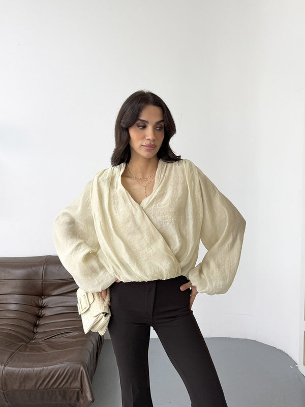 Taş Kruvaze Vatkalı Tencel Bluz 5048-TAŞ