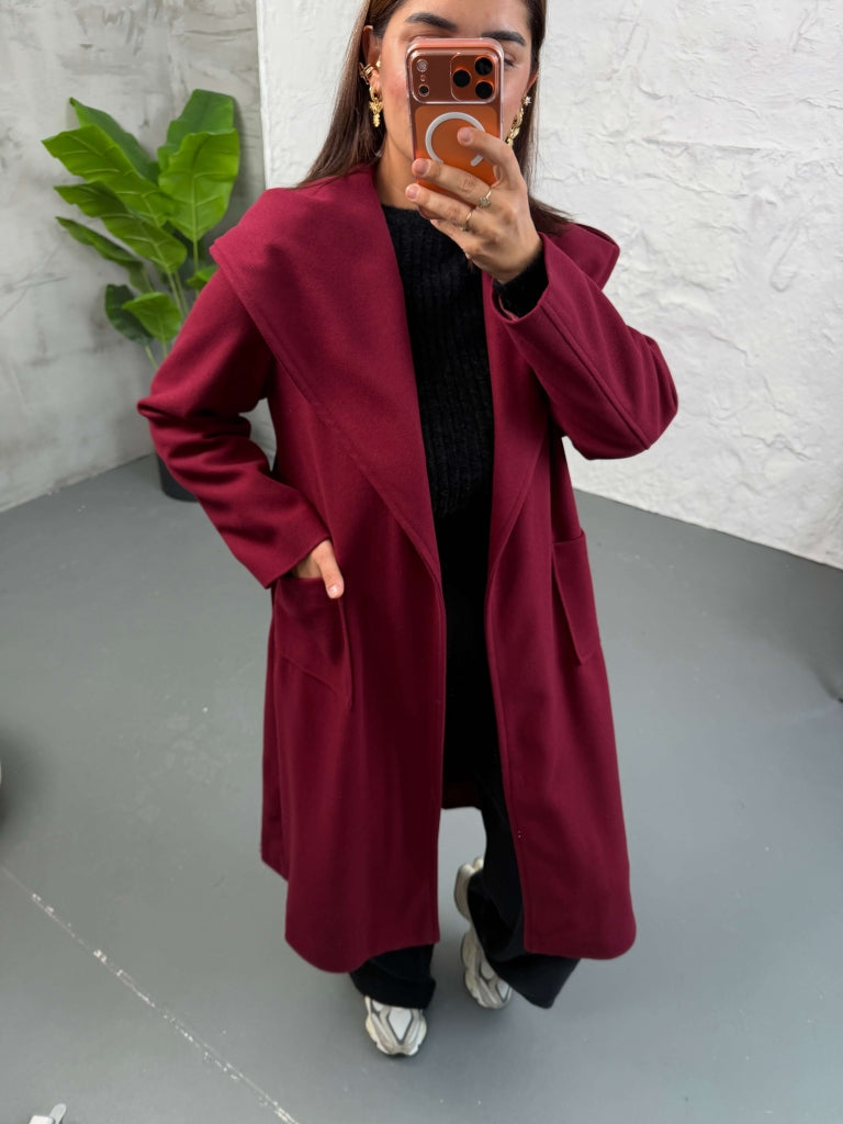 Bordo Kapşonlu Kaşe Kaban 2610-Bordo