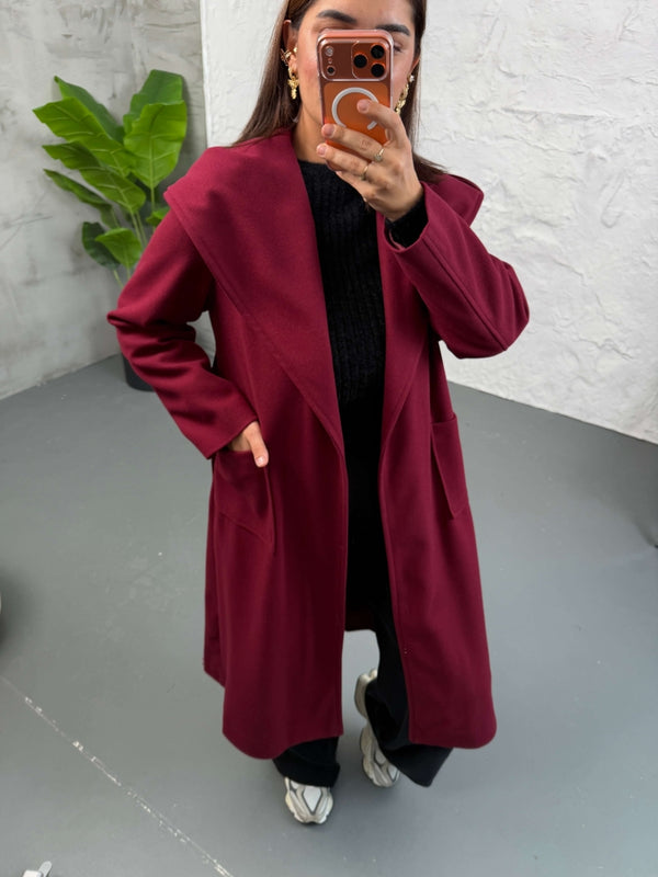 Bordo Kapşonlu Kaşe Kaban 2610-Bordo