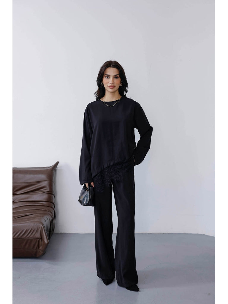 Siyah Etek Ucu Dantelli Tencel Takım 2801-Siyah