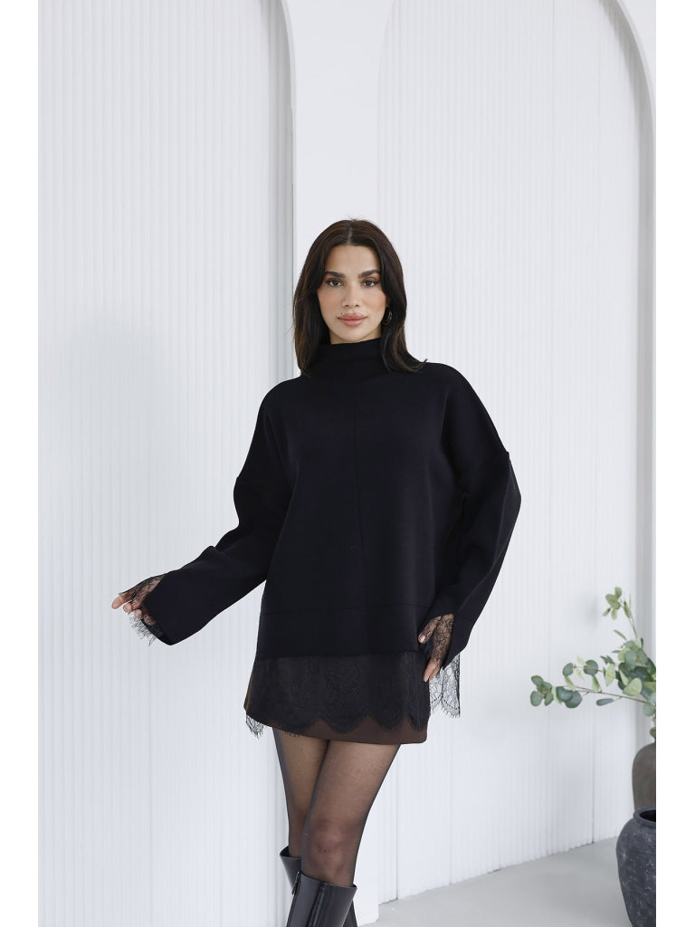 Siyah Dantelli Hakim Yaka Triko Kazak EY0101-Siyah