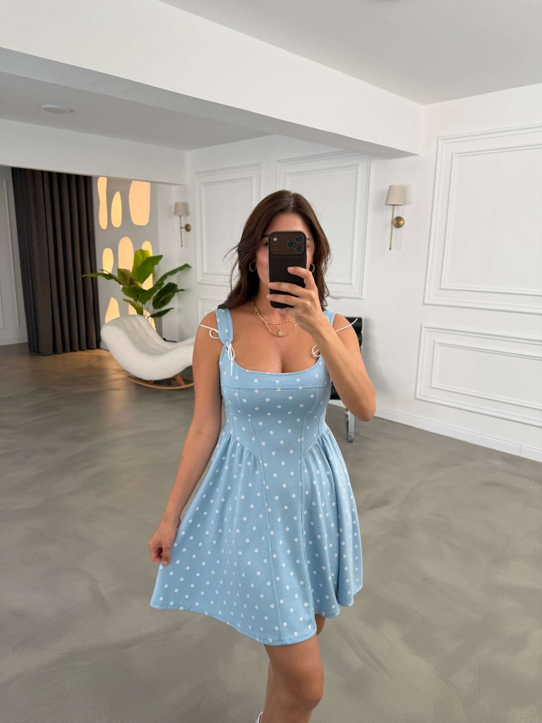 Bebe Mavi Puantiyeli Omuzu Bağcıklı Elbise 4154-Bebe Mavi
