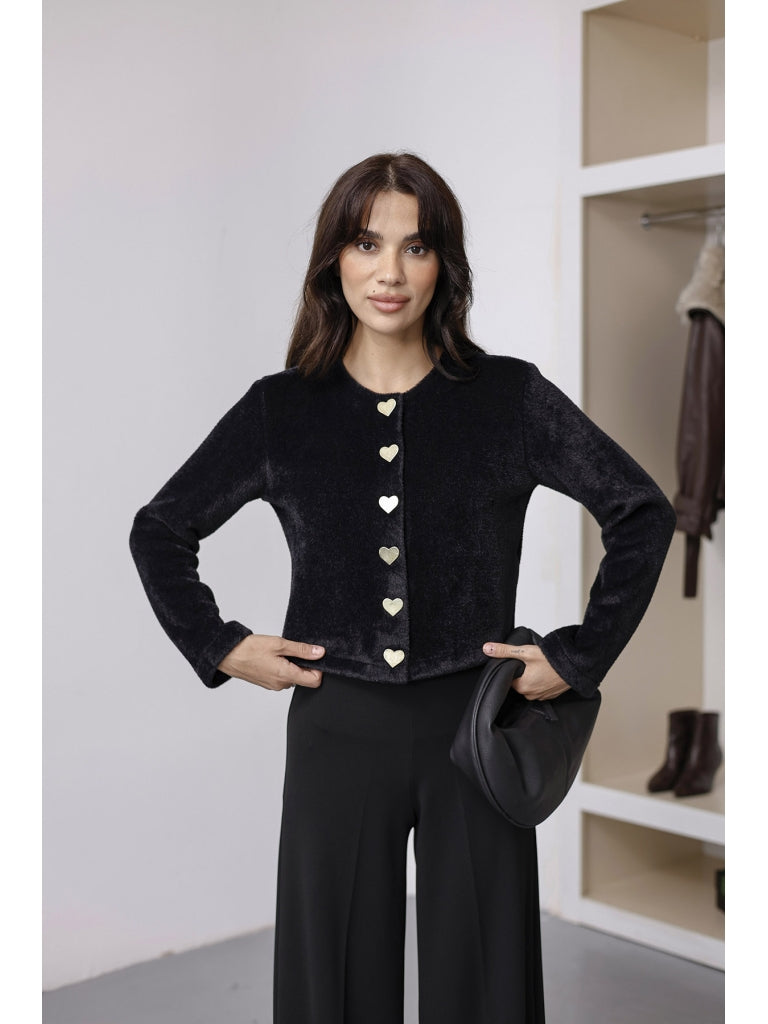 Siyah Kalp Düğmeli Yumoş Hırka 7562-Siyah