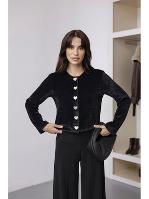 Siyah Kalp Düğmeli Yumoş Hırka 7562-Siyah