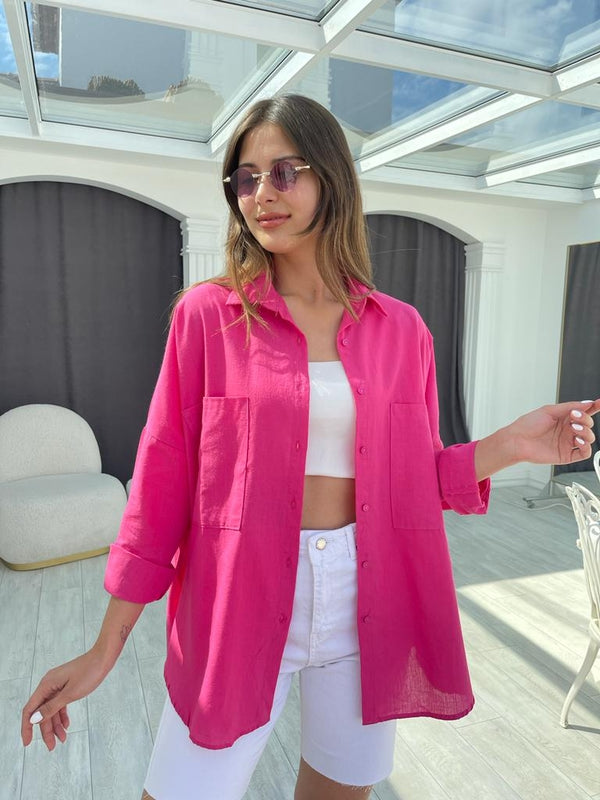 Fuşya Oversize Keten Gömlek N002- Fuşya