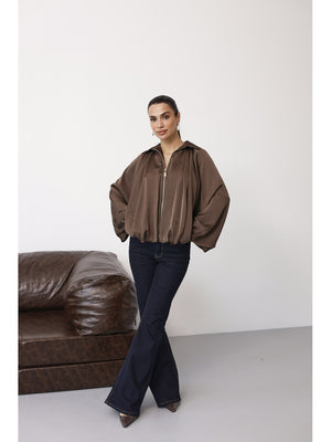 Kahverengi Ön Fermuarlı Bomber Saten Ceket 9584-Kahverengi