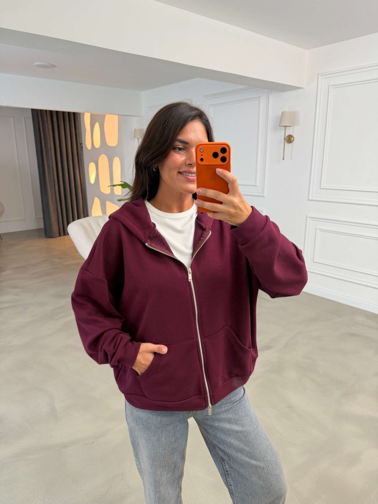 Bordo Sırtı Pul İşlemeli Fermuarlı Sweat 4196-Bordo
