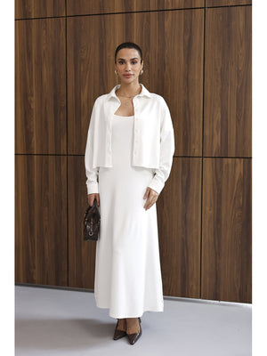Beyaz Gömlek Elbise Modal Takım 4103-Beyaz