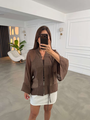 Kahverengi İp Bağcıklı Tencel Gömlek 5098-Kahverengi