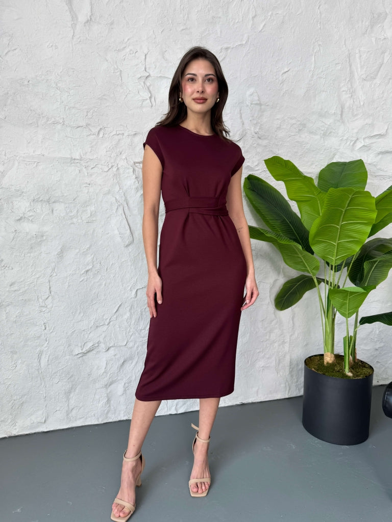 Bordo Önden Kuşak Detaylı Modal Elbise