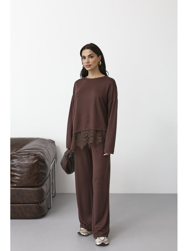 Kahverengi Etek Ucu Dantelli Modal Takım 4105-Kahverengi