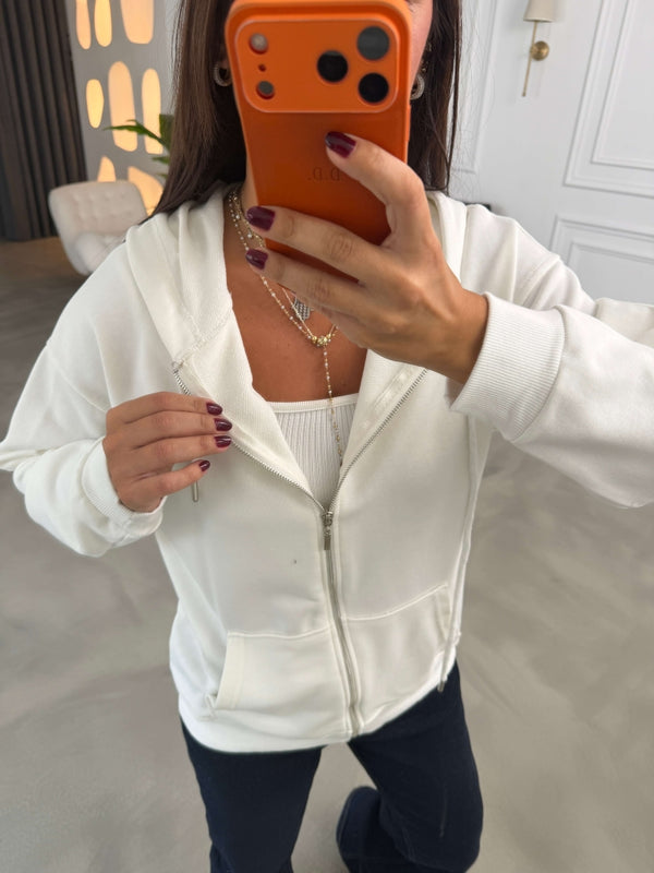 Beyaz Kapüşonlu Fermuarlı Basic Sweatshirt 4321-Beyaz