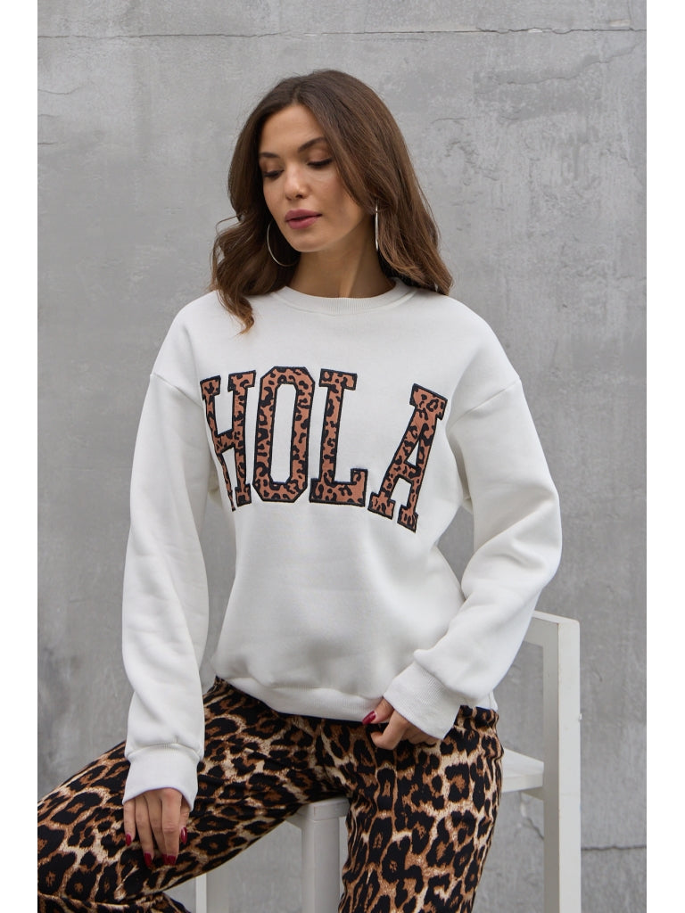 Beyaz Şardonlu Hola Yazılı Sweat