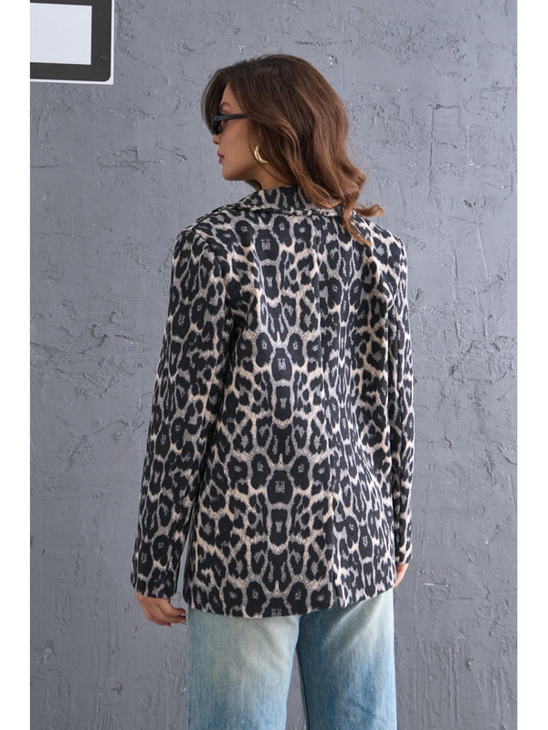 Gri Leopar Blazer Kaşe Ceket