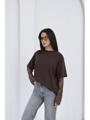 Kahverengi Güpür Kollu Bluz EY0302-Kahverengi