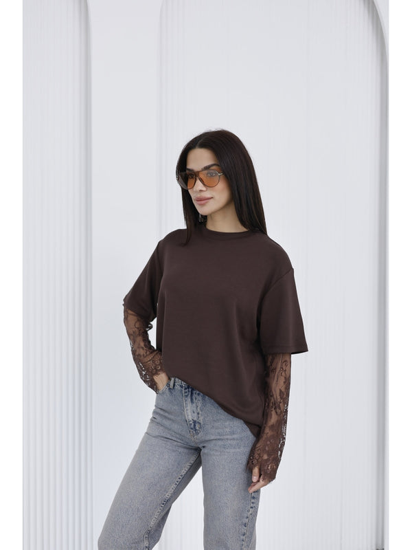 Kahverengi Güpür Kollu Bluz EY0302-Kahverengi