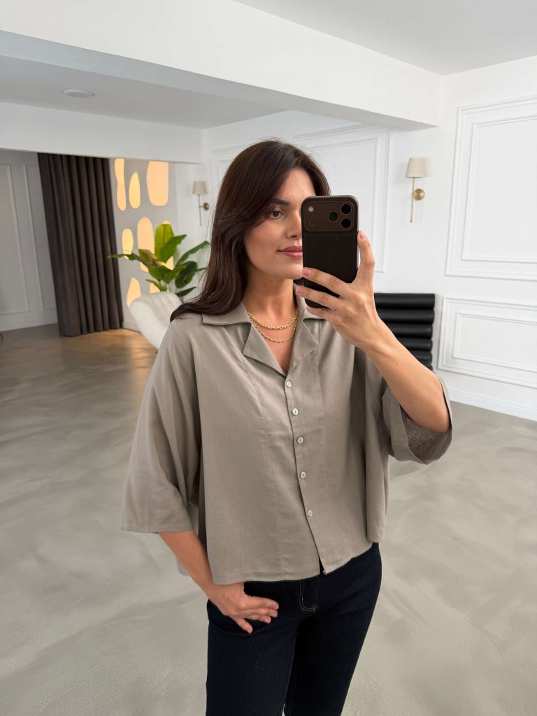 Vizon Oversize Keten Gömlek 4982-Vizon
