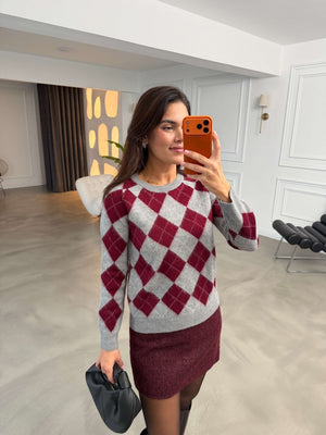 Bordo Baklava Desen Yumuşak Kazak 2319-Bordo