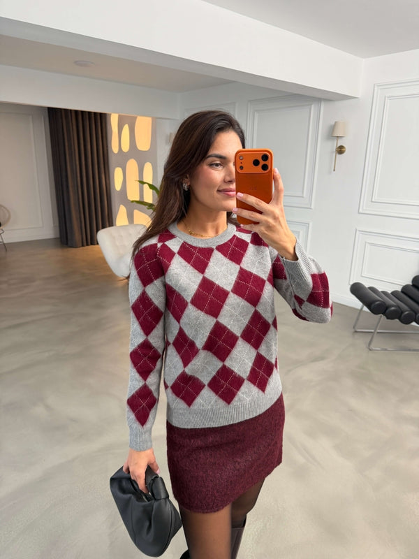 Bordo Baklava Desen Yumuşak Kazak 2319-Bordo