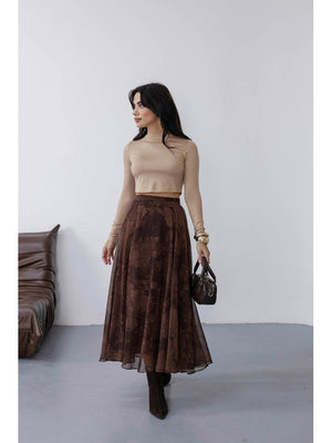 Kahverengi Çiçek Detaylı Şifon Etek 0613-Kahverengi
