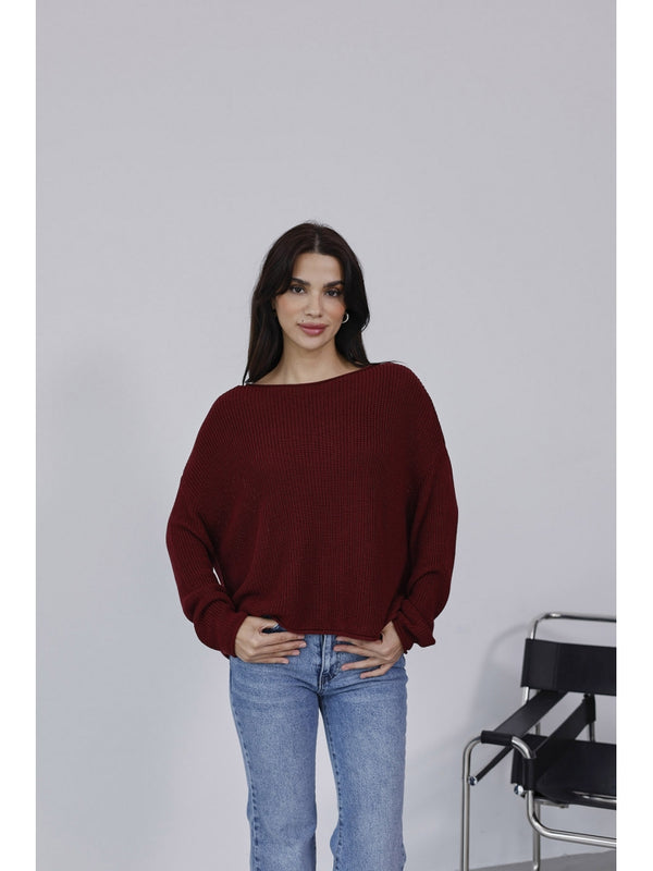 Dilvin Bordo Kayık Yaka Merserize Kazak 10804-Bordo