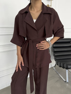 Bordo Bel Bağlamalı Yarım Kol Tencel Takım 7309-Bordo