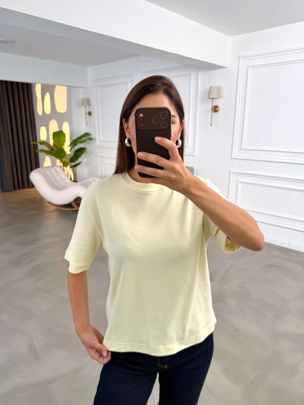 Sarı Bisiklet Yaka Basıc Tshirt 6597-Sarı