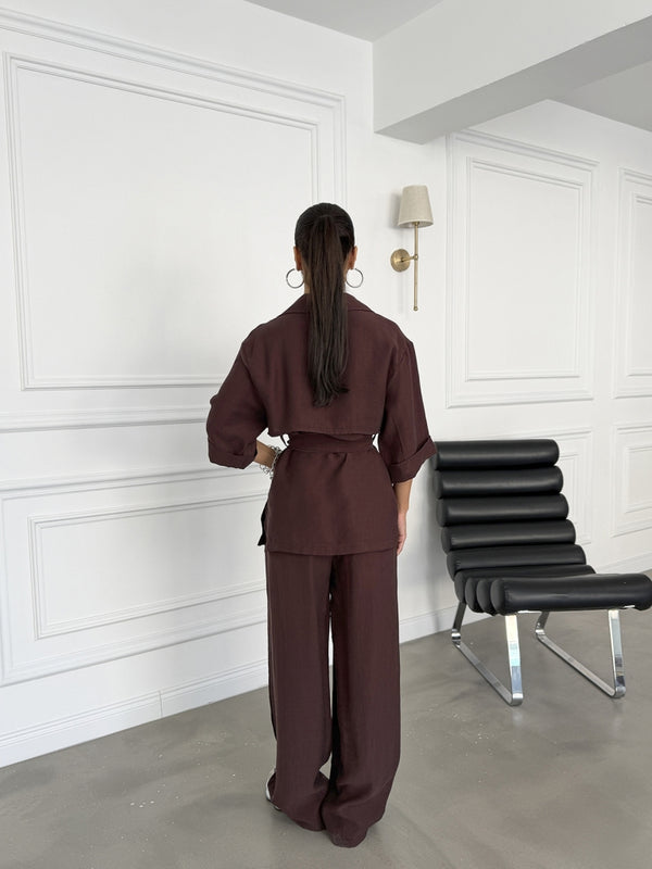 Bordo Bel Bağlamalı Yarım Kol Tencel Takım 7309-Bordo