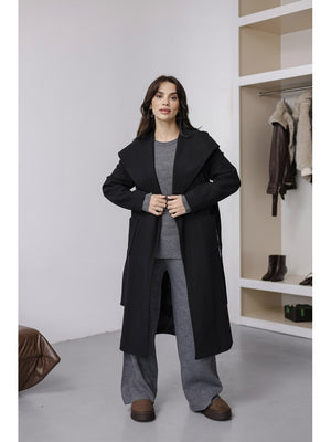 Siyah Kapşonlu Kaşe Kaban 2610-Siyah