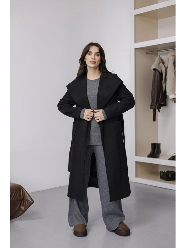 Siyah Kapşonlu Kaşe Kaban 2610-Siyah