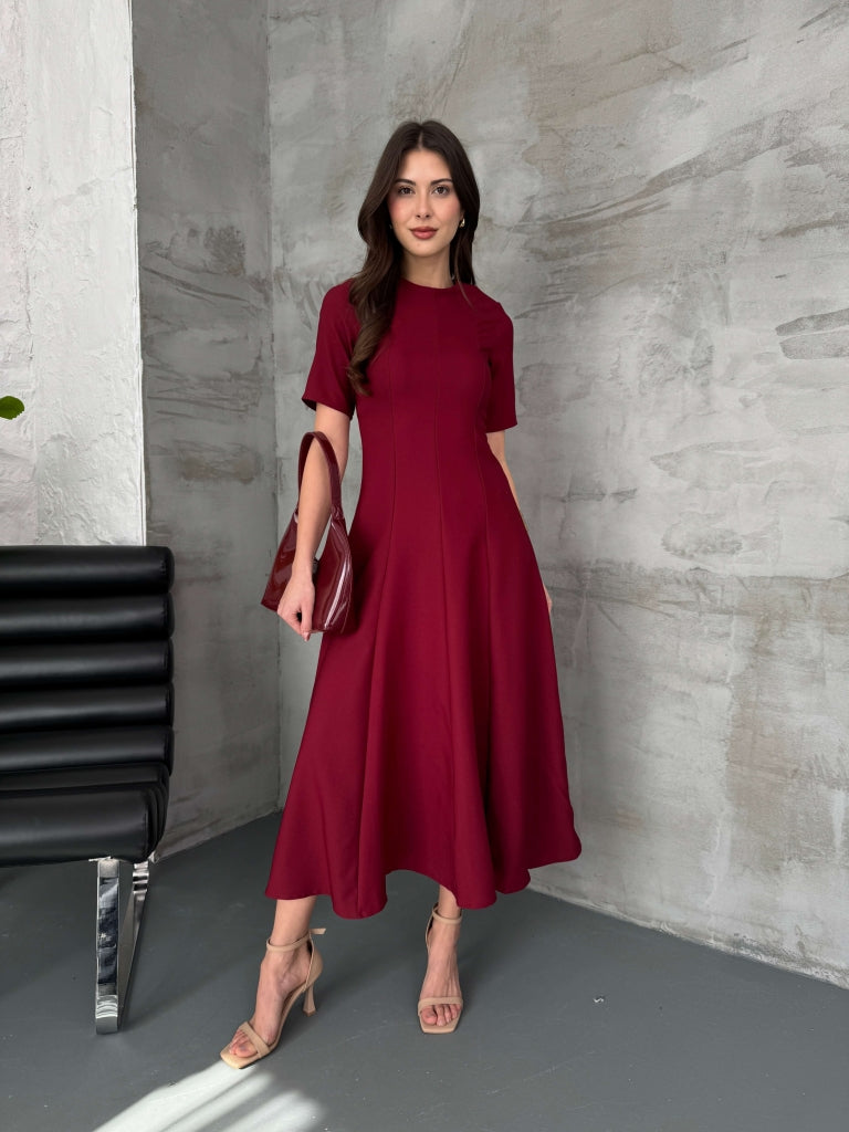 Bordo Maxi Boy Volanlı Elbise