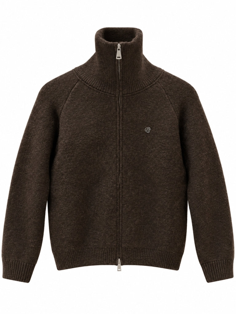 Kahverengi Mini Broşlu Fermuarlı Hırka M-2622-Kahverengi