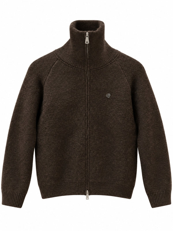Kahverengi Mini Broşlu Fermuarlı Hırka M-2622-Kahverengi