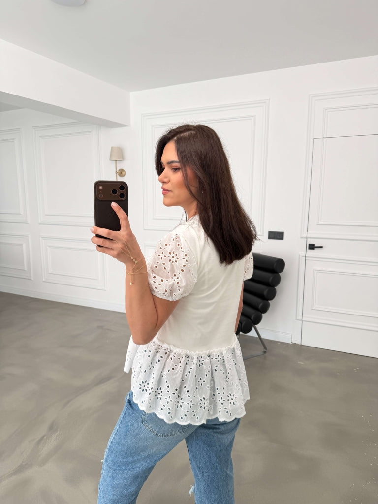 Beyaz Karpuz Kol Fistolu Tshirt EY3263-Beyaz