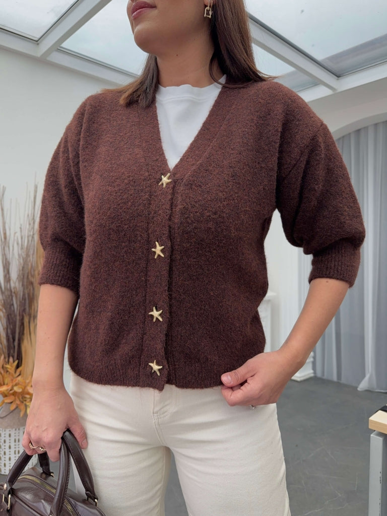 Kahve Kısa Kol Yıldız Düğmeli Top Hırka 2511-KAHVE