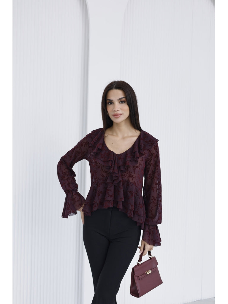 Mürdüm Çiçekli Fırfırlı Tül Bluz 1110-Mürdüm