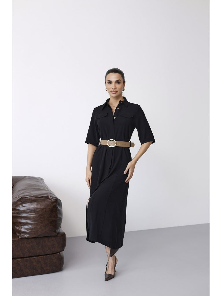 Siyah Cep Detaylı Kısa Kol Elbise 8124-Siyah