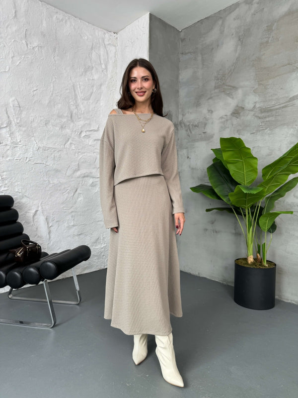 Vizon Bluzlu Elbise İkili Takım 7634-Vizon