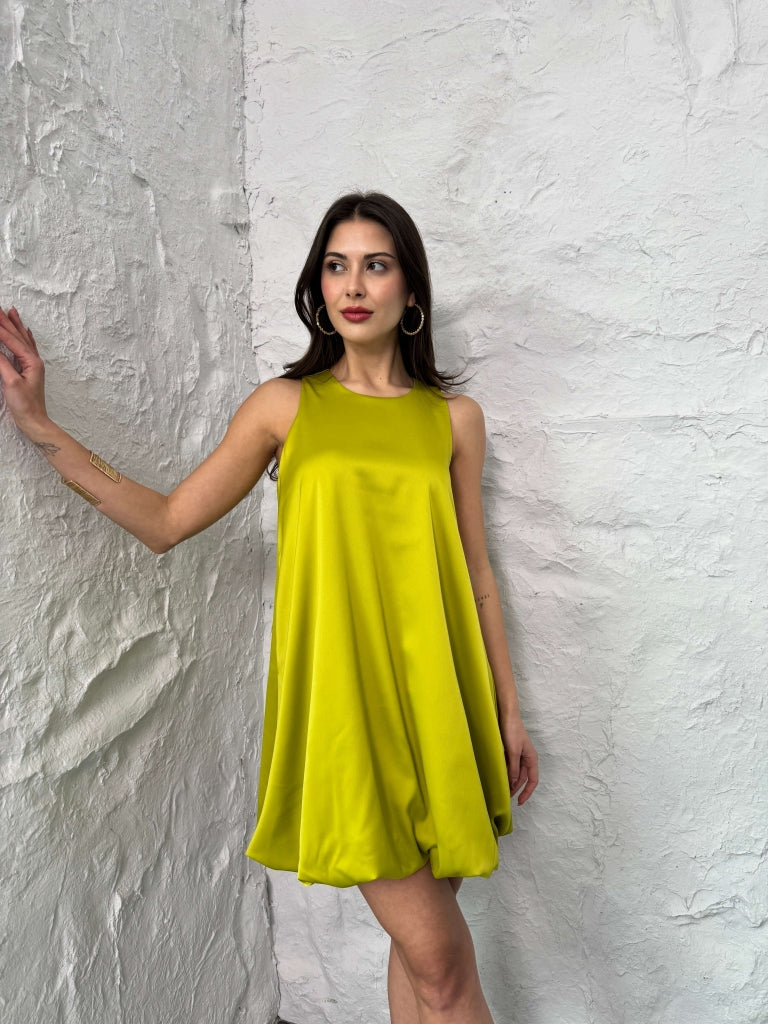 Olive Etek Ucu Balon Detaylı Saten Elbise