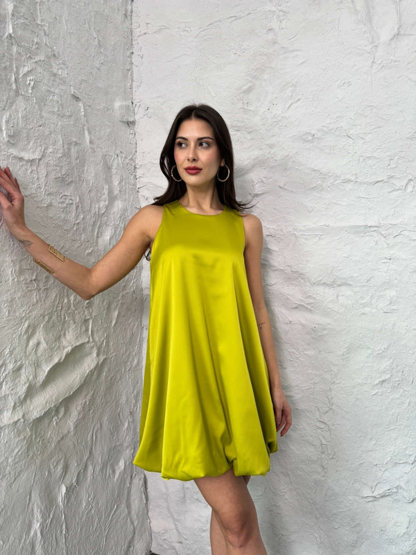 Olive Etek Ucu Balon Detaylı Saten Elbise