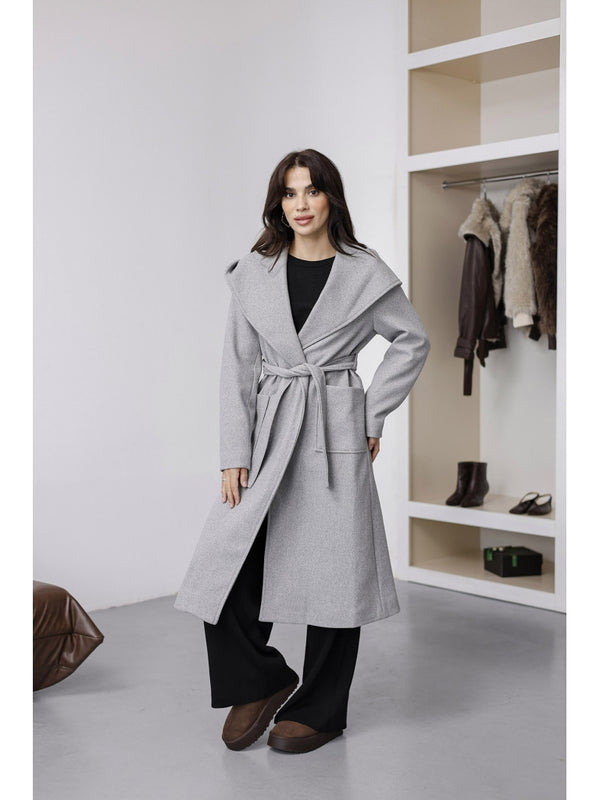 Gri Kapşonlu Kaşe Kaban 2610-Gri