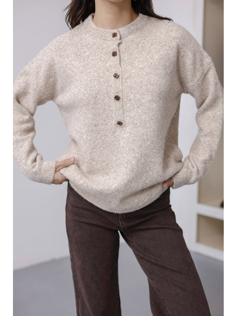 Vizon Yarım Düğmeli Triko Kazak 2464-Vizon