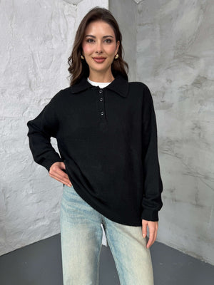 Siyah Polo Yaka Düğmeli Triko Kazak 2482-SİYAH