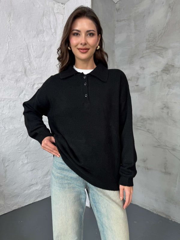 Siyah Polo Yaka Düğmeli Triko Kazak 2482-SİYAH