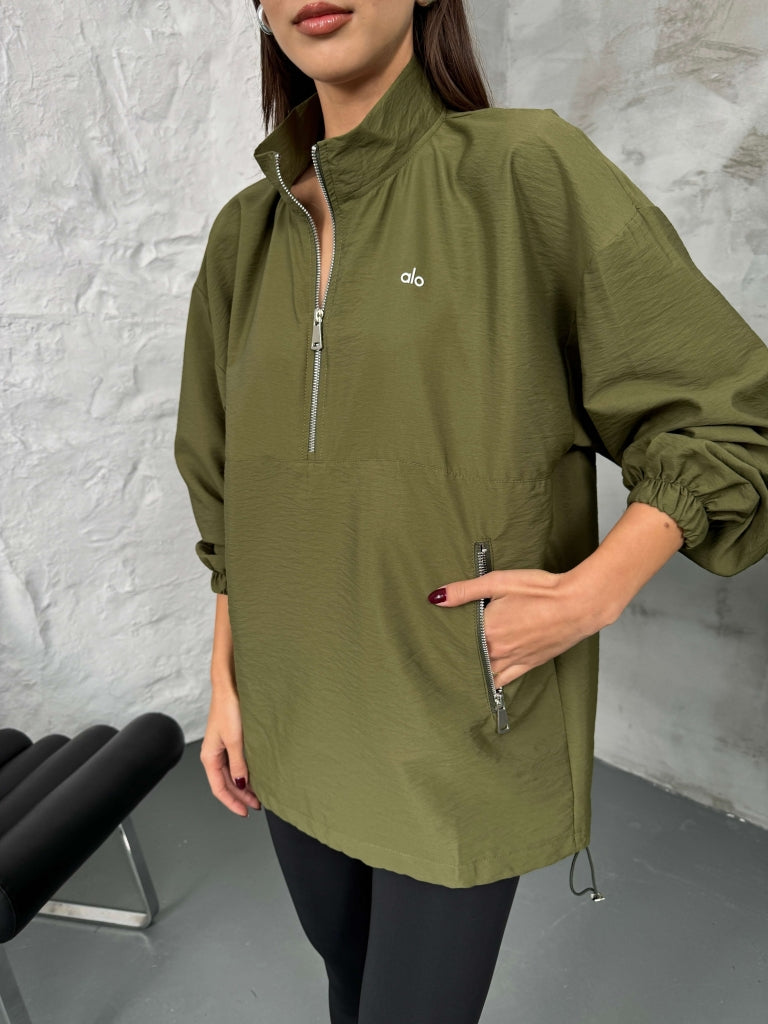Haki Paraşüt Kumaş Fermuarlı Sweat