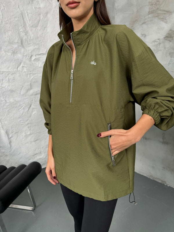 Haki Paraşüt Kumaş Fermuarlı Sweat