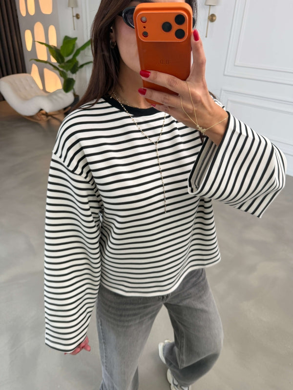 Beyaz Siyah Çizgili Oversize Sweat 12613-Siyah