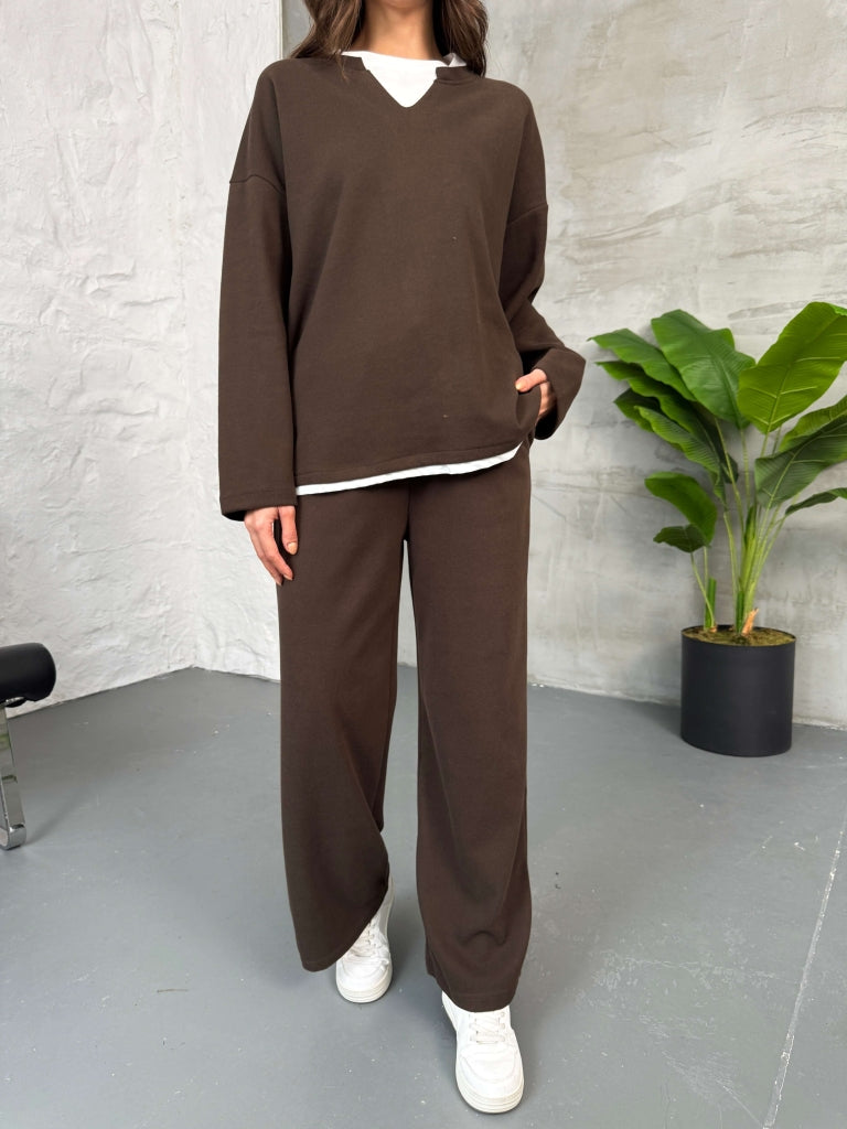 Kahverengi Tshirt Detaylı Sweat Takım